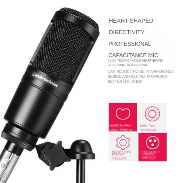 100% Original Audio Technica AT2020 Wired Cardioid Condenser Microphone Professional Live Recording Vocal Pro Studio Karaoke Mic - Image 3