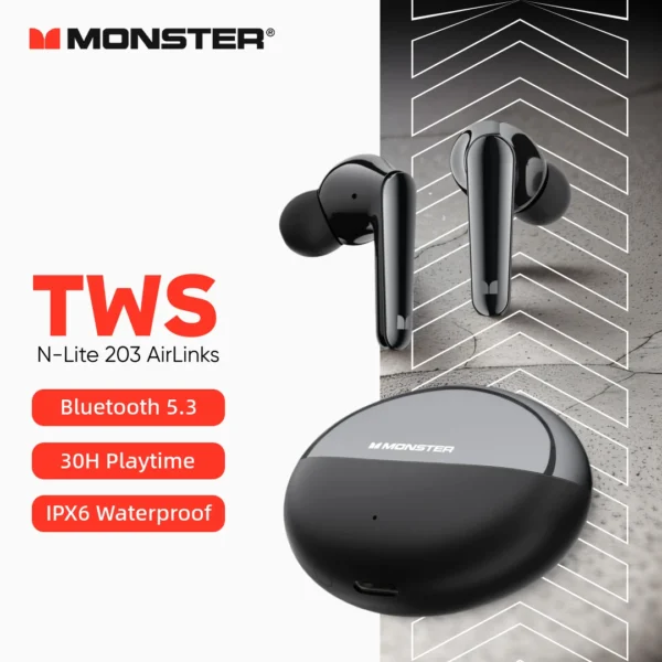 Monster N-Lite 203 Earbuds True Wireless Earphone Noise Cancelling Bluetooth 5.3 Headsets HD Music Headphones In-Ear With Mic