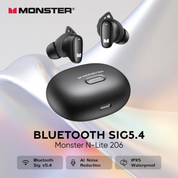 Monster N-Lite 206 Ture Wireless Headphones In-Ear Invisible Bluetooth Earbuds AI Noise Cancelling IPX5 Sports Earphone with Mic