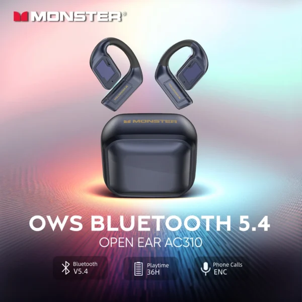 Monster Wireless Bluetooth 5.4 OWS Headphones OPEN EAR AC310 ENC Noise Cancelling Earphones IPX5 Sports Gaming Earhook 800mAh